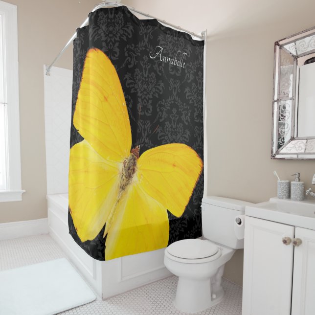 Cortina Para Box Legenda Yellow Butterfly Black Damask Add Name (In Situ)