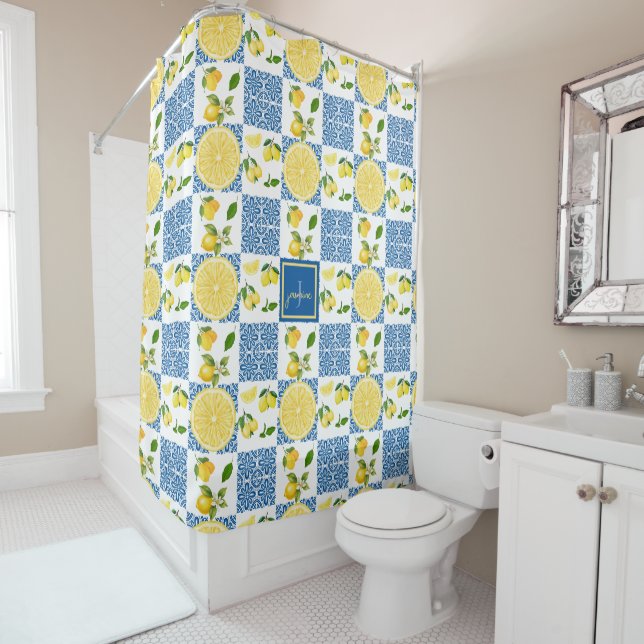 Cortina Para Box Lemon Monogram Name French Country Tile Pattern (In Situ)