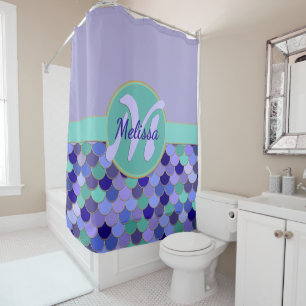 Cortina Para Box Leve Roxo e Aqua Monograma + Nome Escala de Sereia