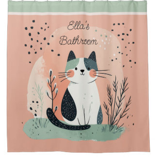 Cortina Para Box Linda Gatinha Boho com Nome Pêssego e Verde