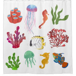 Cortina Para Box Linda vida marinha em aquarela colorida Corais