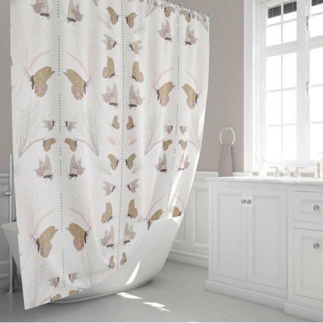 Cortina Para Box Lindas Borboletas Douradas (Whimsical Butterflies Gold and Pink Shower Curtain from Jenn Steffen for Studio Posies.)