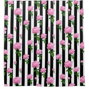 Cortina Para Box Linhas de Flores Rosa Cor-de-Rosa Preta
