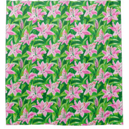 Cortina Para Box Lírio Rosa Préppy Floral Chic Botânico Banheiro 