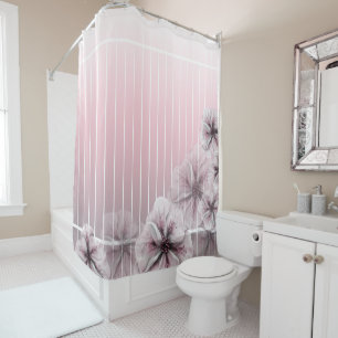 Cortina Para Box Listra floral cor-de-rosa de Ombre do branco