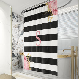 Cortina Para Box Listra Preta e Branca Floral Monograma Rosa Dourad