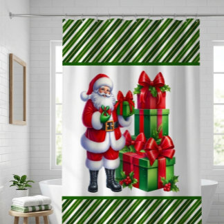 Cortina Para Box Listras de Natal Verdes Com Papai Noel