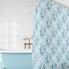 Cortina Para Box Listras diagonais florais em aquarela azul branco