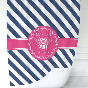 Cortina Para Box Listras Rosa Vibrante e Azul Marinho Abelha Monogr