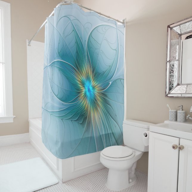 Cortina Para Box Little Beauty Modern Blue Gold Fractal Art Flower (In Situ)