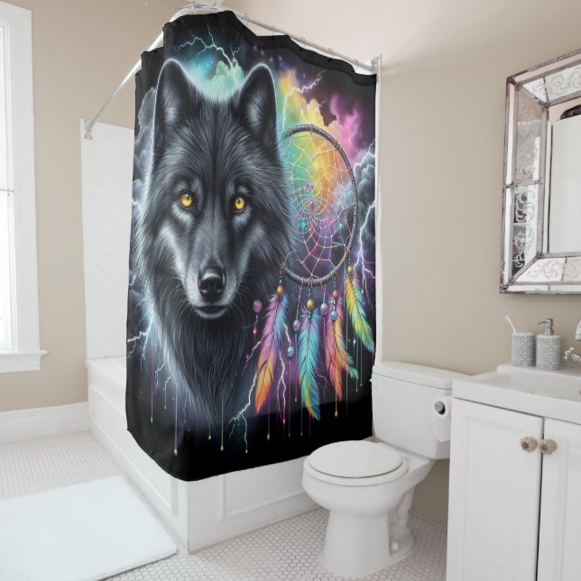 Cortina Para Box Lobo Negro com um Apanhador de Sonhos (In Situ)