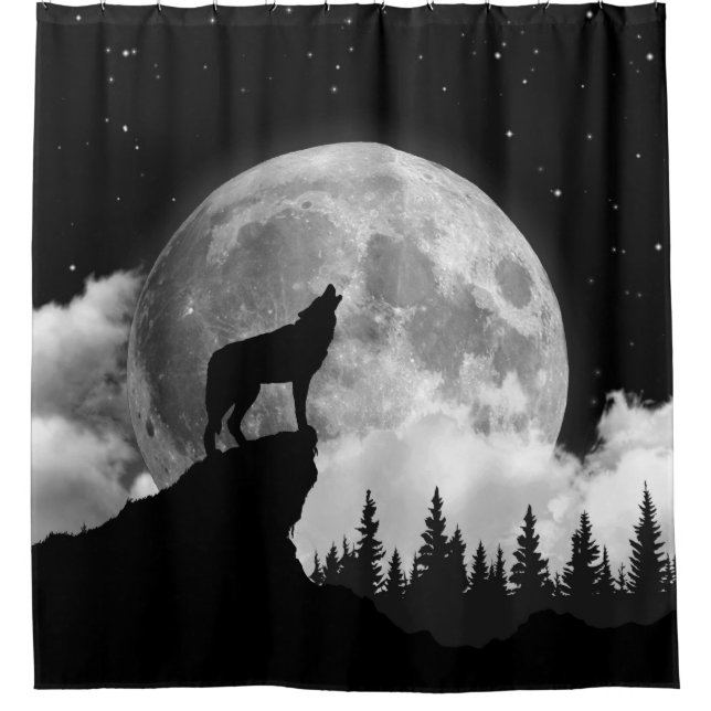 Cortina Para Box Lobo negro e branco uivando na lua (Frente)