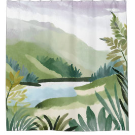 Cortina Para Box Lush Hillside | Green Watercolor Nature Painting
