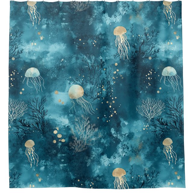 Cortina Para Box Lux Oceano Jellyfish & Coral Dourado Padrão (3) (Frente)