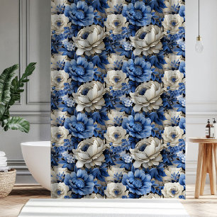 Cortina Para Box Luxo Azul Marfim Floral Elegante Banho Chuveiro