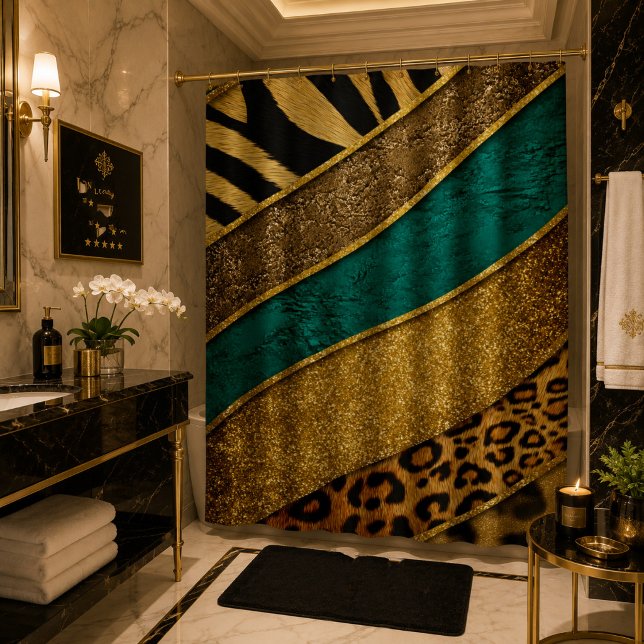 Cortina Para Box Luxury Emerald & Gold Safari Leopard Zebra Glitter (Criador carregado)
