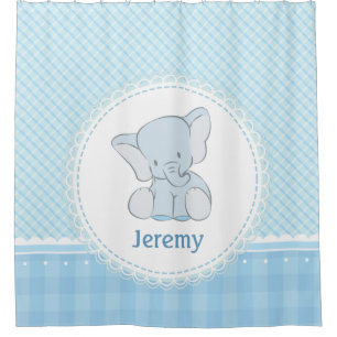 Cortina Para Box Luz bonito do elefante - xadrez azul para criança