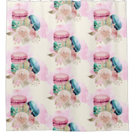 Cortina Para Box Macarões coloridos e flores Padrão de aquarela