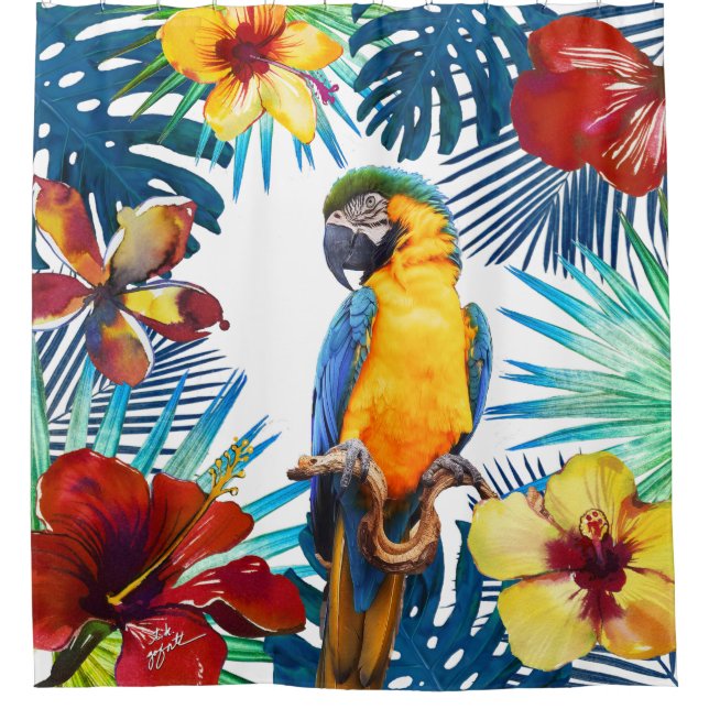 Cortina Para Box Macaw Tropical Papagaio Amarelo Teal Vermelho Flor (Frente)