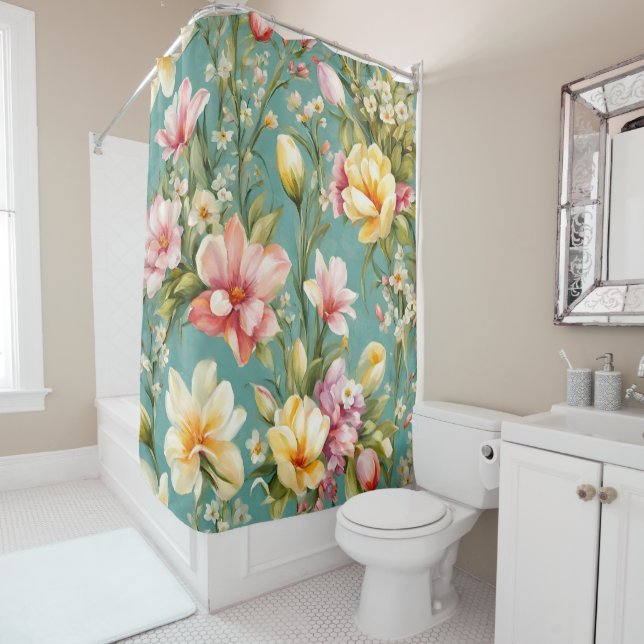 Cortina Para Box Magnólia Amarela refinada com flores brancas (In Situ)