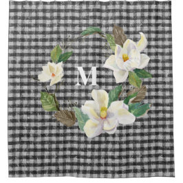 Cortina Para Box Magnolia Floral Black and White Check w Monograma