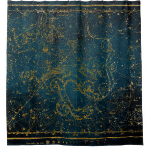 Cortina Para Box Mapa Estelar Vintage Ilustrado Azul Escuro e Doura