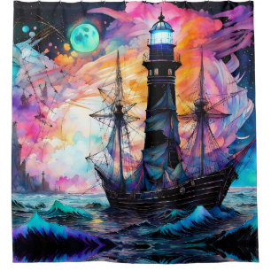 Cortina Para Box Mares tempestuosos, farol de barco Abstrato da Lua