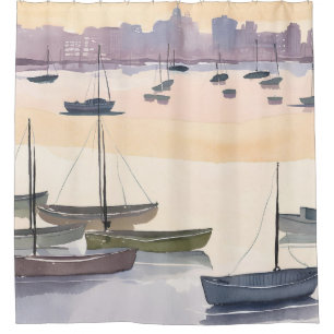 Cortina Para Box Marina de Barcos Baía Oceânica em Aquarela