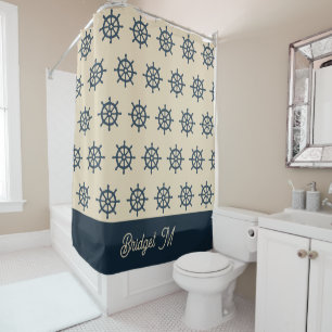 Cortina Para Box marinho azul da roda do navio e Monograma Beige Co