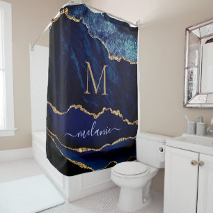 Cortina Para Box Marinho Azul Dourado Marble Personalizar a Curva d