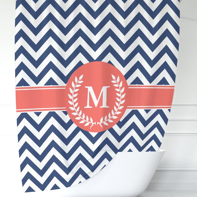 Cortina Para Box Marinho Azul e Coral Chevron Laurel Monograma (Criador carregado)