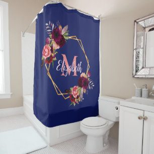 Cortina Para Box Marinho azul floral dourado monograma geométrico