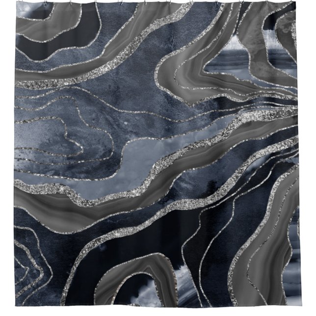Cortina Para Box Marinho Azul Preto Marble Agate Gliter Glam (Frente)