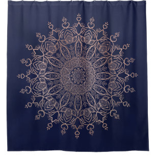 Cortina Para Box Marinho Blue e Rosa Dourado Mandala Boho