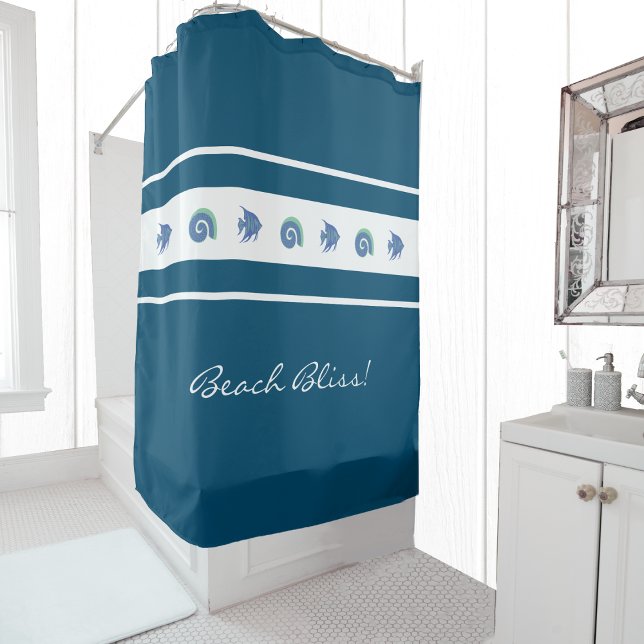 Cortina Para Box Marinho Blue White Stripes Shels Fish Beach House (Criador carregado)