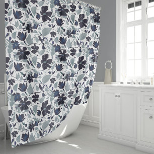Cortina Para Box Marinho Cinza Aquarela Clematis Padrão Floral