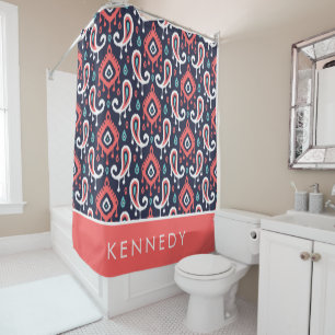 Cortina Para Box Marinho e Coral Ikat Paisley Monograma