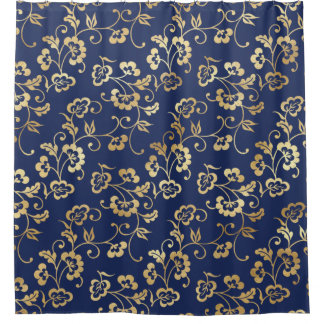 Cortina Para Box Marinho e Padrão Floral Dourado