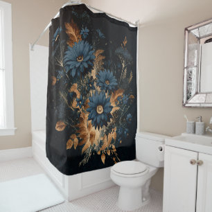 Cortina Para Box Marinho Escuro Azul e Dourado Floral Glam Boho