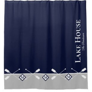 Cortina Para Box Marinho moderno, Cinza azul, Monograma Lake House