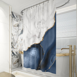 Cortina Para Box Mármore Branco Ágata Azul Marinho Dourado