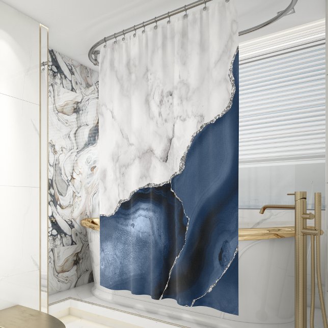 Cortina Para Box Mármore Branco Ágata Azul Marinho Prata (Criador carregado)