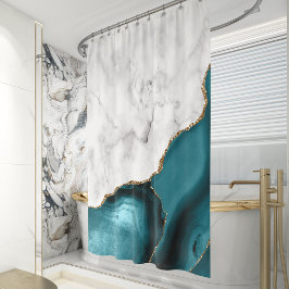 Cortina Para Box Mármore Branco Ágata Azul Turquesa Dourado