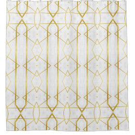 Cortina Para Box Mármore branco e padrão geométrico Dourado