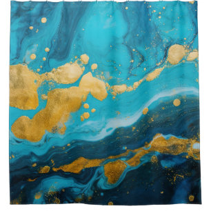 Cortina Para Box Mármore Fluido Turquesa Azul Teal e Ouro de Luxo