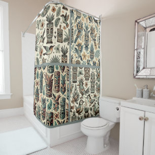 Cortina Para Box Máscaras tropicais e aves Cinzas verdes