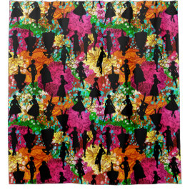 Cortina Para Box meio século floral preto da década de 1950, silhue