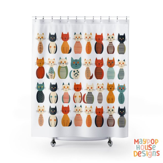 Cortina Para Box Meio século Meow Retro Atomic Cats Rosa (whimsical cat shower curtain)