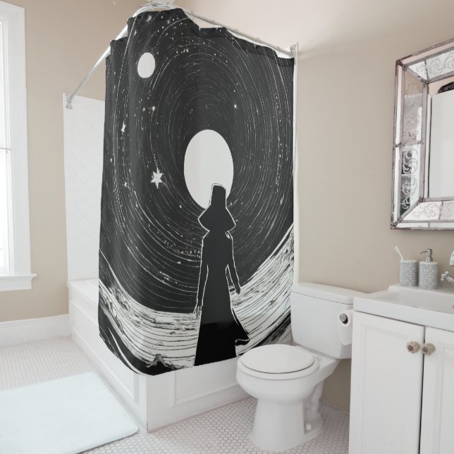 Cortina Para Box Menina no Espaço | Cartoon Preto e Branco (In Situ)
