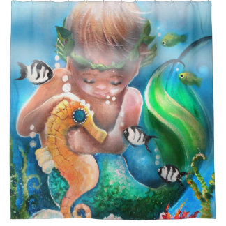 Cortina Para Box Mermaid baby and seahorse shower curtain